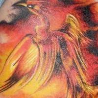 el tatuaje de un Fenix en las llamas de fuego hecho en color naranja y negro