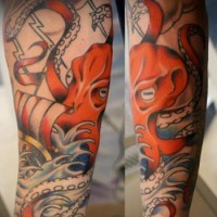 el tatuaje de un pulpo gigante rojo atacando un barco en el mar