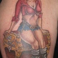 Pirate girl on treasure chest tattoo