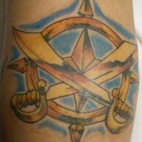 Crossed swords and rose of wings tattoo
