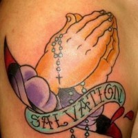 Praying hands and rosary with salvation tattoo