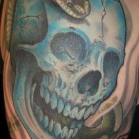 Blue skull with snake tattoo