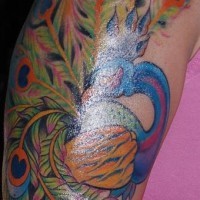 Colourful peacock sleeve tattoo