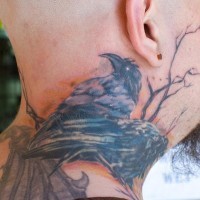 Detailed raven on tree neck tattoo