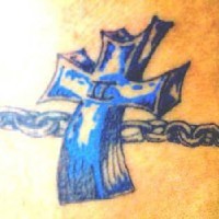 Blue cross on armband tattoo