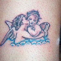 Kissing cherubs coloured tattoo