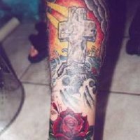 Cross tombstone and red rose tattoo sleeve