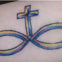Two ichthys and cross tattoo