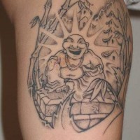 Laughing buddha in bamboo tattoo