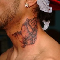 Praying hands woth rosary tattoo on neck