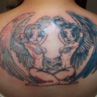 Two sexy angels tattoo on back
