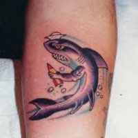 Tattoo with shark in sea hat with torpedo toy