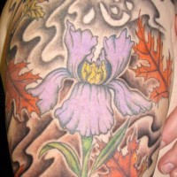 Shoulder sleeve tattoo, iris flower in autumn view