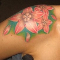 Tatuaje del hombro, tres flores, pétalos, colores suaves