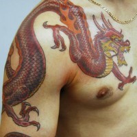Shoulder tattoo, red, angry, big dragon