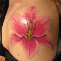 Un joli tatouage de l'épaule avec une gros fleur de lys rose