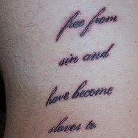 Side tattoo, text, romans6:18, set free from sin