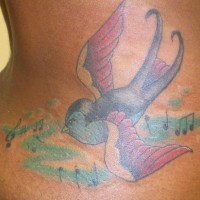 Bellissimo tatuaggio colorato sul fianco l'uccello e le note tra le ombre