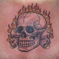 Flaming skull and crossbones tattoo