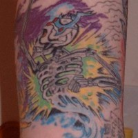 Colourful skeleton in clouds tattoo