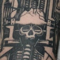 Skull in mechanisms black ink tattoo