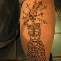 Skeleton in suit with knives tattoo