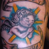 Praying cherub coloured tattoo
