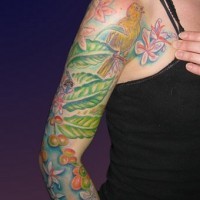 Colourful birds anfd flowers sleeve tattoo