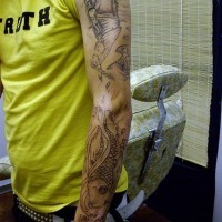 Asian koi themed sleeve tattoo