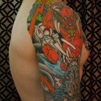 Asian demons coloured sleeve tattoo