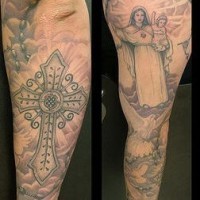 Angel and cross sleeve tattoo