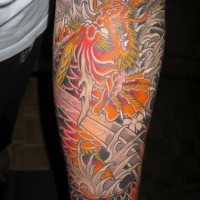 Colourful asian themed sleeve tattoo with dragon