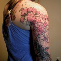 Sakura and birds sleeve tattoo