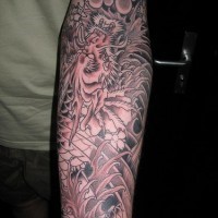 Black ink asian dragon sleeve tattoo