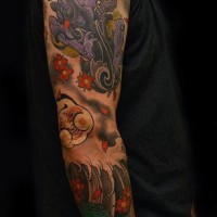 Colourful asian themed sleeve tattoo with demon
