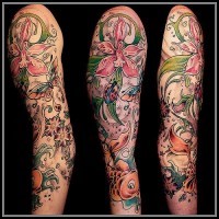 Coloured flowers with bugs and fishes tattoo