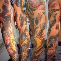 Old wise asian dragon sleeve tattoo