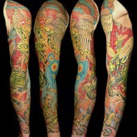 Surreal colourful artwork sleeve tattoo