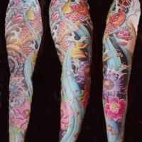 Amazing koi themed sleeve tattoo