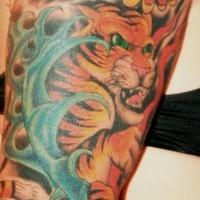 Asian tiger in flowers sleeve tattoo