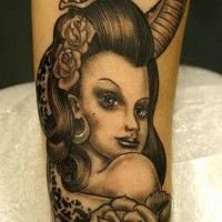 Vamp lady and snake black ink tattoo