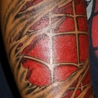 Spiderman costume under skin rip tattoo