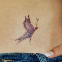 Stomach tattoo, flying, funny, violet butterfly