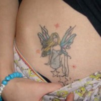 Stomach tattoo, pretty fairy sitting  on stars