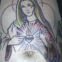 Stomach tattoo, lighting heart, the Virgin Mary