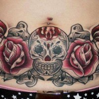 Stomach tattoo, designed bloody skull with roses