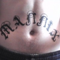 Stomach tattoo, mannix, curled styled  inscription