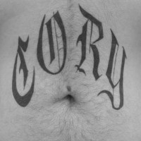 Stomach tattoo, cory, black, designed letters