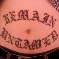 Stomach tattoo, remain, big letters, styled  inscription