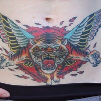Stomach tattoo, angry, winged tiger flying from fire